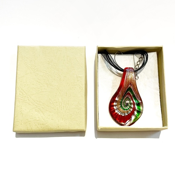 Murano Style Blown Glass Necklace Teardrop Red Green Silver Gold Swirl Sparkly - Picture 2 of 6